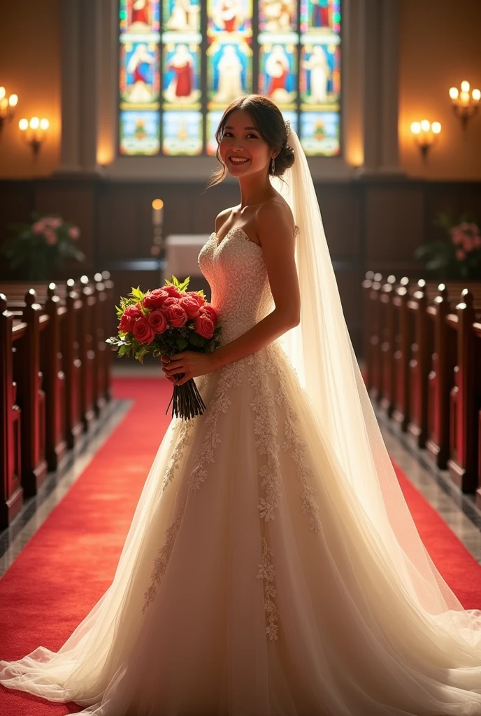 (((bust)))((Works by professional wedding photographers))(( masterpiece. real photos. Super high quality))AMY put on her carefully selected.The most beautiful designs by famous designers.The most gorgeous.The most noble wedding dress.Standing on the red carpet in a church with stained glass.She has a happy smile on her face.She held a large bouquet of bright roses in her hands.And AMY is more beautiful than flowers.