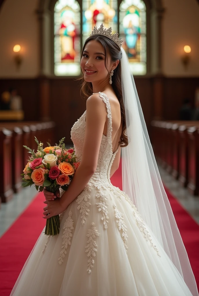 (((bust)))((Works by professional wedding photographers))(( masterpiece. real photos. Super high quality))AMY put on her carefully selected.The most beautiful designs by famous designers.The most gorgeous.The most noble wedding dress.Standing on the red carpet in a church with stained glass.She has a happy smile on her face.She held a large bouquet of bright roses in her hands.And AMY is more beautiful than flowers.