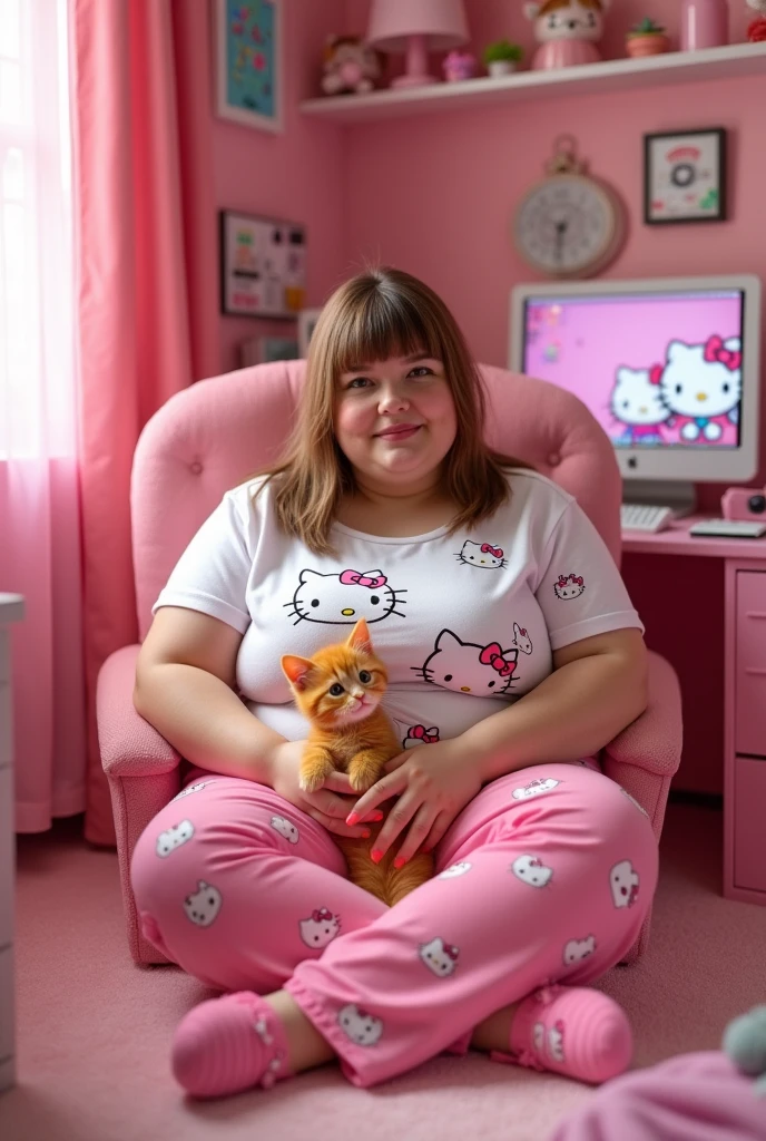 chubby adult with Hello Kitty sleep pants and a white Coraline decorated t-shirt and pink Hello Kitty nails and Hello Kitty slippers, She has to have straight, light brown hair and she has to be with an orange kitten in a room decorated entirely in pink and with Barbie dolls and a PC game decorated entirely in pink.