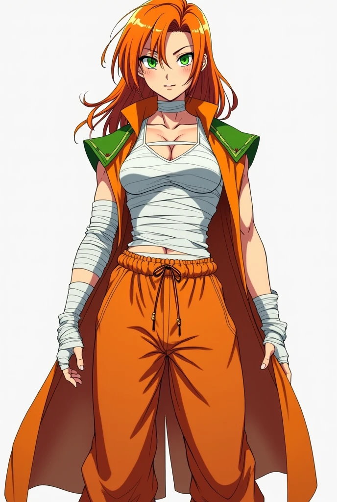 A very muscular anime teenage woman with orange hair with green highlights and green eyes wearing white bandages to cover her breasts completely and wearing baggy orange pants, wearing a long orange overcoat with green details on the shoulders