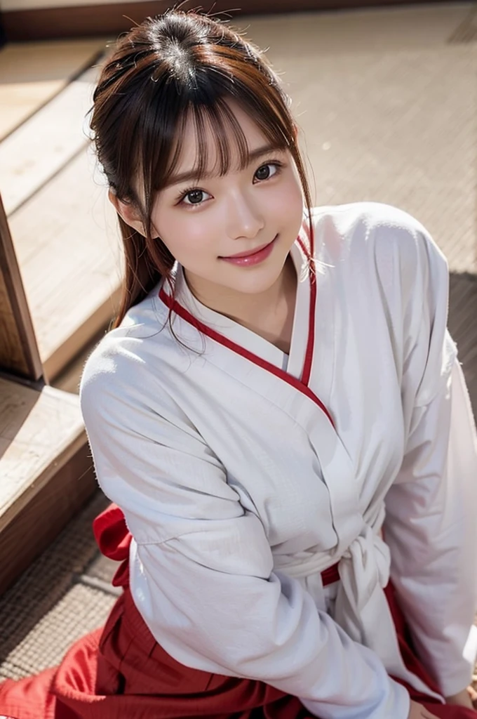 8k、High definition、Ultra Detail、Photorealistic、High resolution、Realistic and accurate depiction、Realistic and accurate human anatomy、Highest quality、Japanese women 、beautiful girl、White and red hakama、Red hakama on top and red on bottom,White tabi,Red ribbon in hair,1,bangs,Smile a little,knees,Japanese style hairstyle,Looking up from below, An innocent smile、Natural Makeup、Perfect Skin、Charm、cute