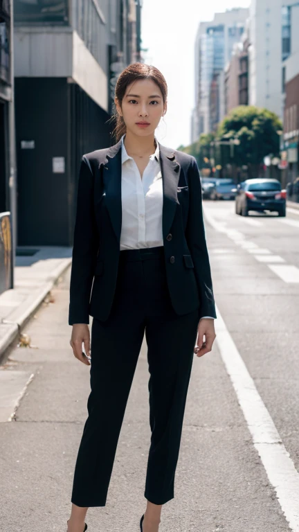 (8k, RAW photos, best quality, masterpiece: 1.2), (realistic, photorealistic: 1.37), 1 woman in suit standing on the sidewalk, cityscape, afternoon, Sunny Morning, professional lighting, photon mapping, radio city, Brazilian women, torn, shirt, woman in suit, Silk Suit