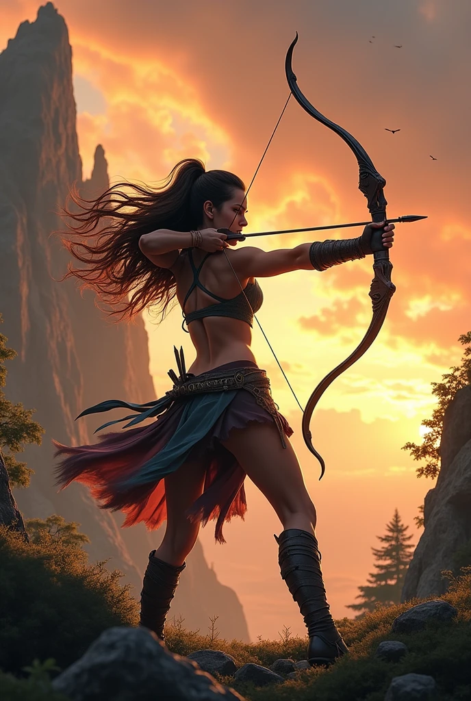 ((1 girl, dynamic archer stance, detailed archery stance:1.5)), intricate arch, dramatic movement, Eye-catching silhouette, flowing hair, intense focus, muscular physique, realistic skin texture, high quality, 8k, cinematic lighting, dramatic shadows, warm color tones, vibrant colors, fantasy landscape background, lush vegetation, Rocky cliff, dramatic sky, dynamic action, Striking composition, masterpiece, photorealistic, hyper detailed