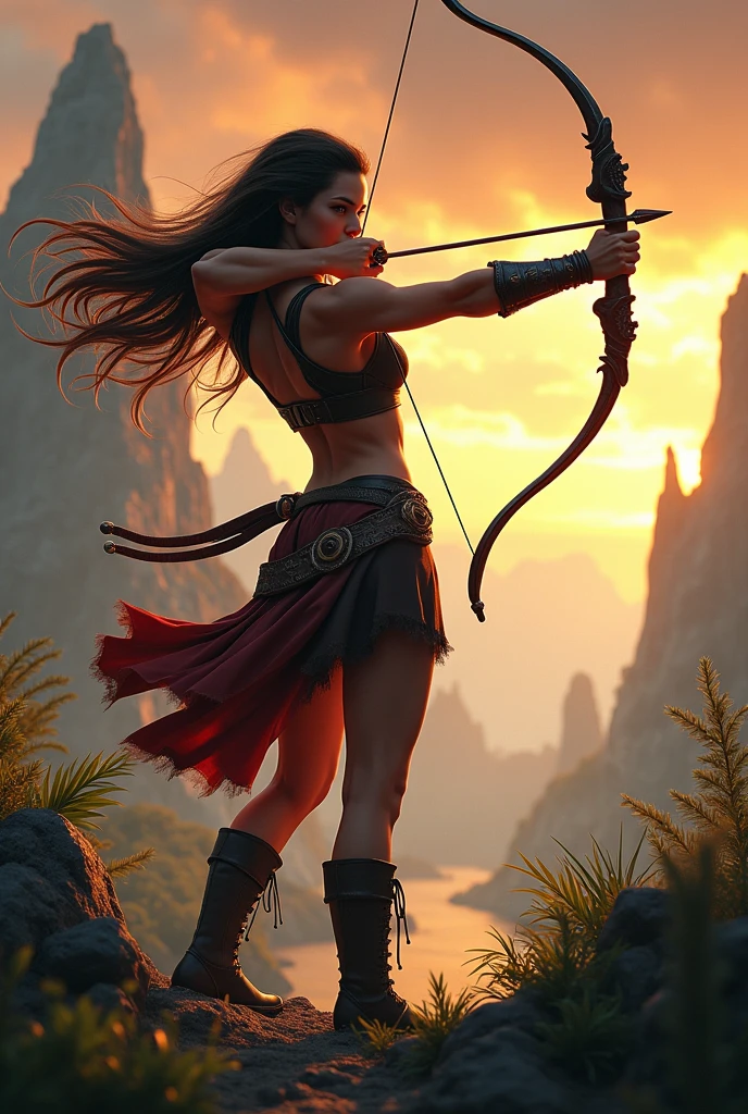 ((1 girl, dynamic archer stance, detailed archery stance:1.5)), intricate arch, dramatic movement, Eye-catching silhouette, flowing hair, intense focus, muscular physique, realistic skin texture, high quality, 8k, cinematic lighting, dramatic shadows, warm color tones, vibrant colors, fantasy landscape background, lush vegetation, Rocky cliff, dramatic sky, dynamic action, Striking composition, masterpiece, photorealistic, hyper detailed