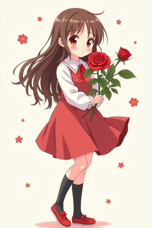 A miniature character illustration of a cute anime girl with long brown hair, red eyes, wearing a simple white dress shirt with a red handkerchief-shaped ribbon, a simple red skirt, black socks, and red shoes with white areas, smiling gently and holding a red rose in both arms.