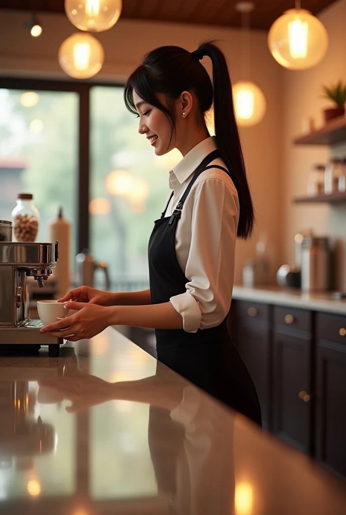 “A beautiful Japanese woman in her mid-20s with straight black hair tied in a neat ponytail, wearing a stylish café uniform with a white blouse and black apron. She is standing behind the counter in a chic, modern café. The café features a unique mirrored floor that reflects the warm, ambient lighting and the elegant decor. The woman has a warm, inviting smile as she prepares a cup of coffee, with the reflection of the room and her figure perfectly captured on the polished floor.”