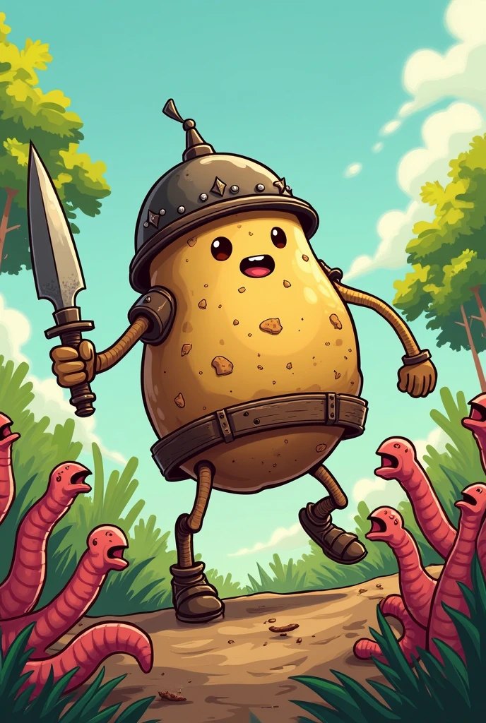 Potato warrior fights worms, cartoon style