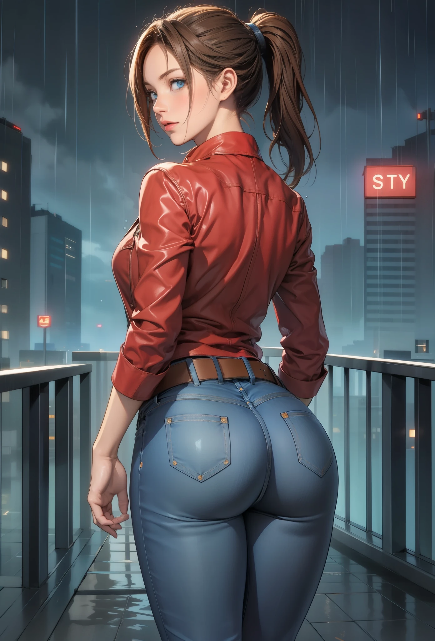 perfect eyes:1.2, detailed eyes:1.4, claireredfield2, brown hair, blue eyes, ponytail, breasts, belt, red jacket, jeans pants, black shirt, rain, dark sky, city, cowboy shot, 1girl, solo, (masterpiece:1.6, best quality), 8k, insane details, intricate details, hyperdetailed, hyper quality, high detail, ultra detailed, professional, HDR, ray tracing reflection, cinematic lighting,