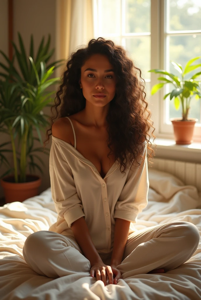 (photorealism:1.2), beautiful woman, sitting on bed, wearing loose off-shoulder top, pajama pants, long curly hair, indoors, soft lighting, plants in background, window with sunlight, cozy room, relaxed pose, realistic, intricate details, warm colors, by Greg Rutkowski, by Alphonse Mucha