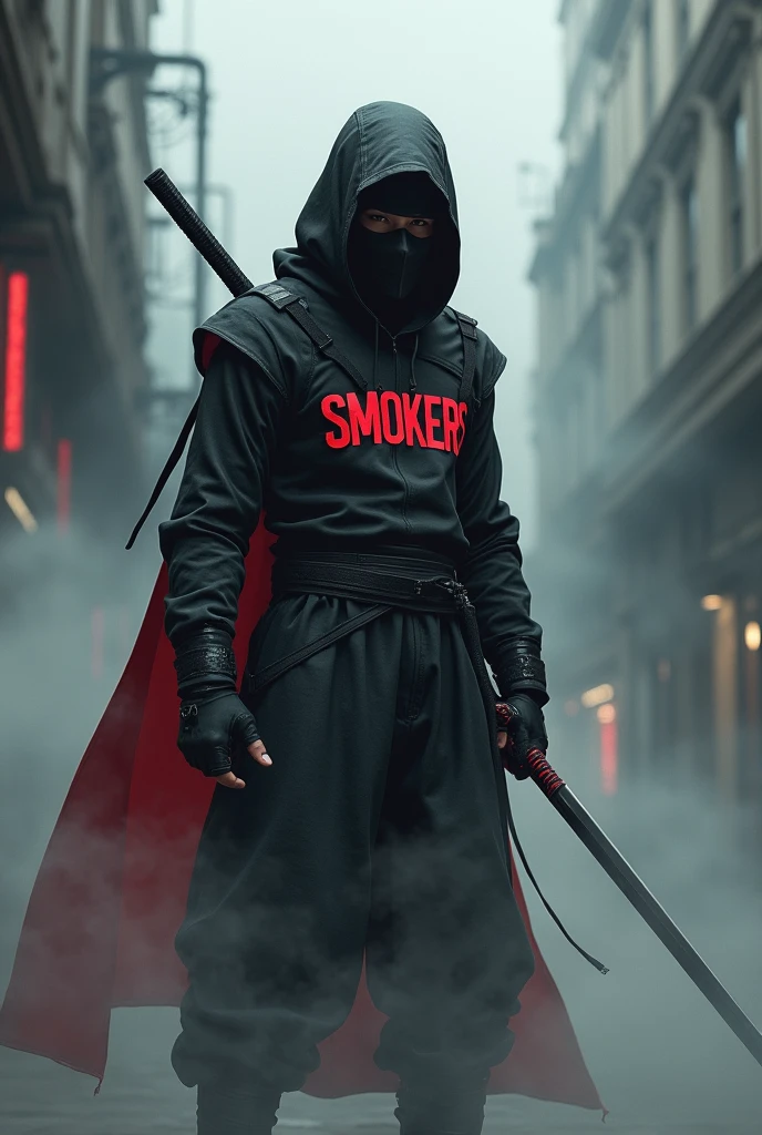 Generate a man.
Ninja wearing a smoke mask with one sword.
Outfit: black and red cybordpuck with clear and not hidden print "smokers".
Background realistic 