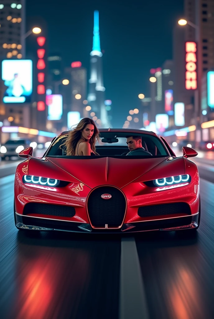 A beautiful girl driving her boyfriend in a Bugatti, mixed with a Lamborghini urus se on Dubai Streets having fun in 8k HD at night with city lights