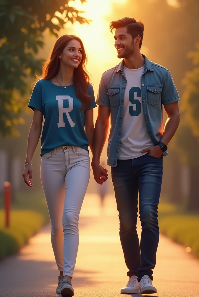 Ek ladki hai top blue colour ki pahni hai white jeans hai uski top par R latter print hai and ek ladka bhi hai uske shirt par S latter print hai evening walk karte huye