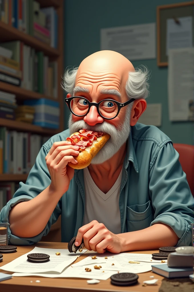 white male, aged 50, baldie, cheeky, wrinkled face, with glasses, paunchy, eating baguette with lots of ham and Oreo cookies on a table full of papers and crumbs. Wearing a black shirt with writing "APPOIO MPF"