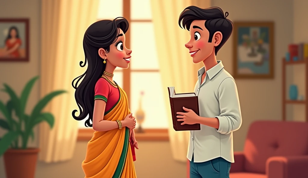 Create an cartoon image of a beautiful women wearing saree in front of her a man standing wearing white shirt and blue pant and they were talking to each other inside the house man has a diary in his hand