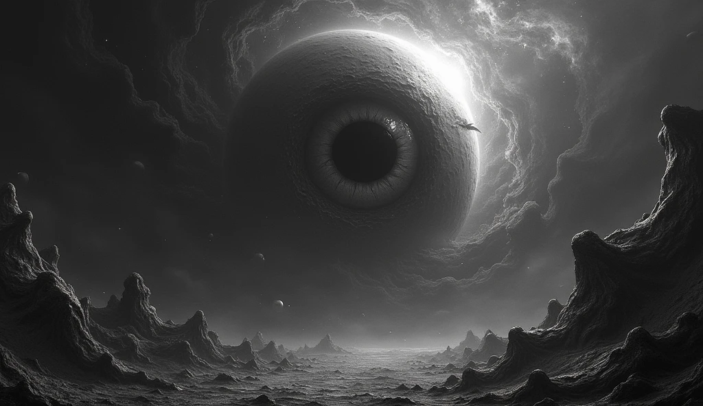 Universe with a gigantic eye horror cosmic Surrealism Lovecraft dark Imaginable black and white Tentacles Super detailed realistic HQ style drawn Lots of details, 4K, masterpiece