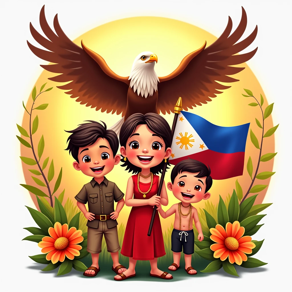 (CARTOONISH)Create a traditional and modern CIRCLE logo for Buwan ng Wika (National Language Month) featuring three people smiling with bright teeth, BROWN skin tone, (half body) standing close together popping from a book in the BACKGROUND, NATURE BACKGROUND WITH FLOWERS AND GOLDEN SUNGLIGHT, wearing traditional Filipino attire, and a philippine eagle in the back spreading out its wings. The central figure, a girl IN THE MIDDLE ONLY holding the Philippine flag in a traditional Filipino dress consisting of a dirty white blouse (Baro) and a red skirt (Saya). The two accompanying figures, one boy in a barong tagalog and the other one boy dark skin in tribal attire(PHILIPPINES), overall 3. Use the colors of the Philippine flag and any other colors that represent the topic. The composition should be in a fish point of view. (warm tone) (golden hour) (close up of the face), vibrant colors.