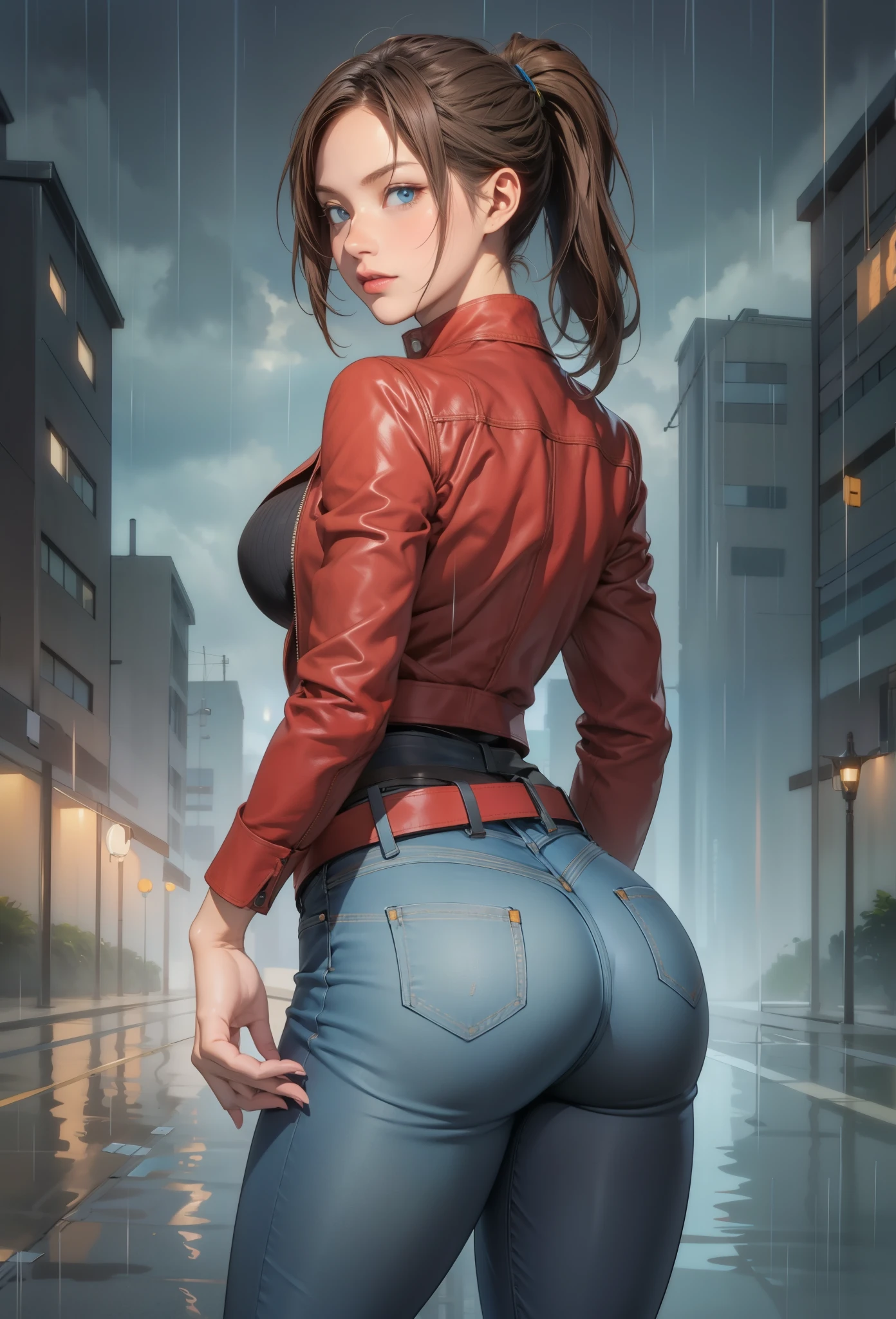 perfect eyes:1.2, detailed eyes:1.4, claireredfield2, brown hair, blue eyes, ponytail, breasts, belt, red jacket, jeans pants, black shirt, rain, dark sky, city, cowboy shot, 1girl, solo, (masterpiece:1.6, best quality), 8k, insane details, intricate details, hyperdetailed, hyper quality, high detail, ultra detailed, professional, HDR, ray tracing reflection, cinematic lighting,