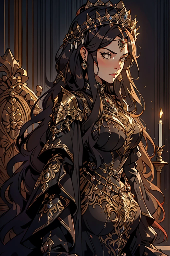 Create a highly detailed and dramatic portrait of a young woman. She has brown, waistlong hair and is seated on a dark, ornate throne in a dimly lit, elegant room that exudes a sense of power and foreboding. She is dressed in a flowing black gown that reaches the floor, adorned with metallic details. She wears a black breastplate that covers her chest, giving her a regal yet armored appearance. Her long hair is styled in a way that complements her queenly attire, and she is adorned with metallic jewelry, including a glowy crown that sits majestically on her head. Her expression is serious and authoritative, with a hint of melancholy. The overall atmosphere should be dark, intense, and gothic, emphasizing Naomi's role as a queen who bears the weight of her past and the power she now holds.