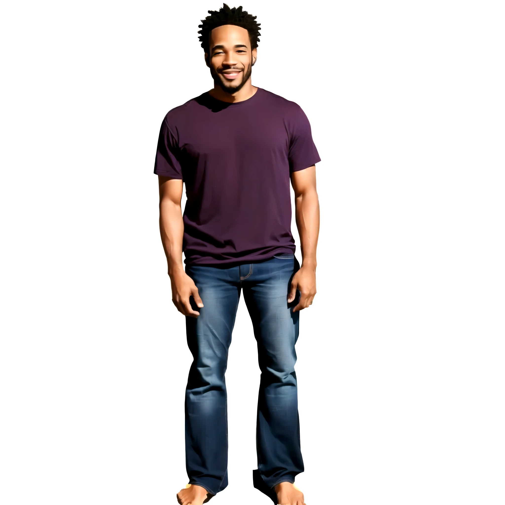 Ben Harper with short hair, black man, casual, jeans, naked feet, tshirt, smiling in the sun, visible eyes, detailed photo, zeiss, digital photo