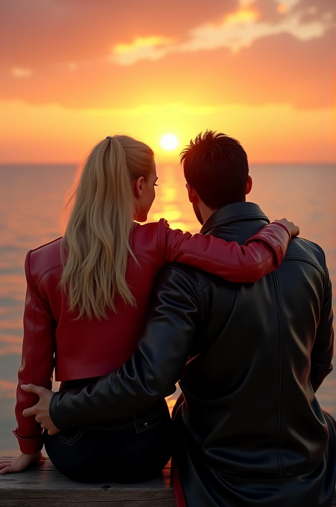 A short haired pirate with black hair and a black leather pirate coat is sitting on a bench watching the sunset with his blond girlfriend, that wears a red leather jacket and black trousers. they stare at the ocean, with the sun burning down the horizon. his arm lays on her shoulder. you can only see their backs but it is a happy moment. The atmosphere is beautiful, warm and magical. make it hyperrealistic, cinematic and full body.