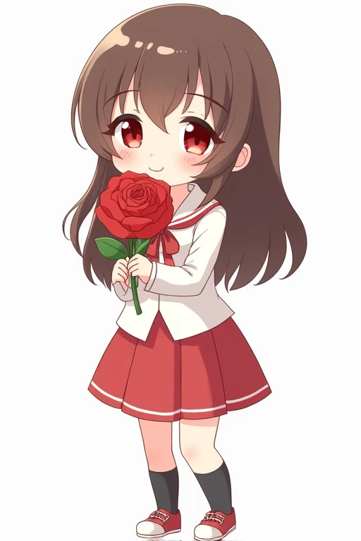 A cute anime girl with long brown hair, red eyes, wearing a simple white dress shirt with a red handkerchief-shaped ribbon, a simple red skirt, black socks, and red shoes with white areas is smiling gently and holding a red rose in both arms, this is a deformed illustration.