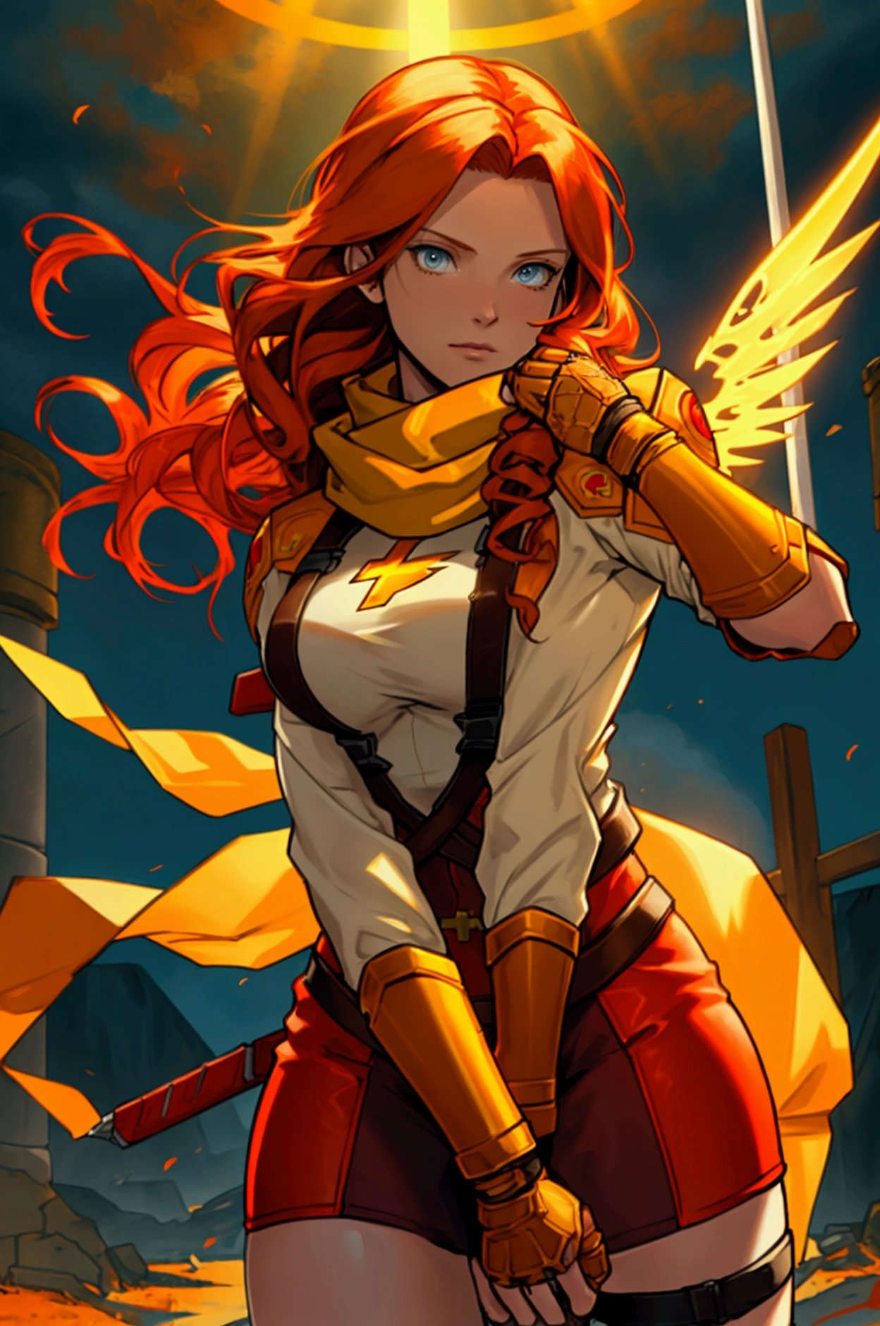 Claire Redfield; long curly ginger hair; aasimar,eyes glowing with golden light, halo, yellow color scarf, orange color tanned armor ; airbending; air, wind, lightning,autumn, angel, bow with electric arrows; Venus