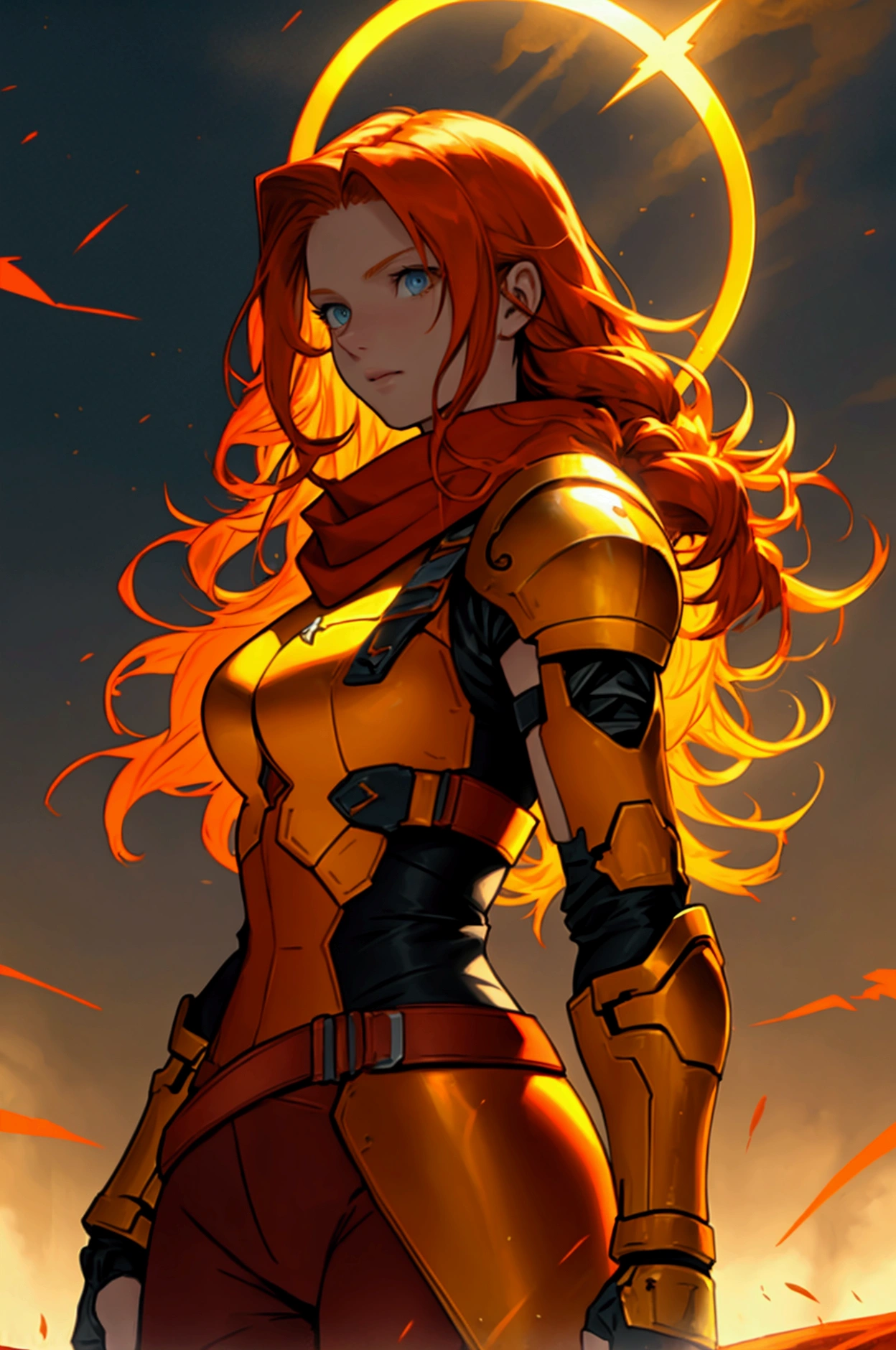Claire Redfield; long curly ginger hair; aasimar,eyes glowing with golden light, halo, yellow color scarf, orange color tanned armor ; airbending; air, wind, lightning,autumn, angel, bow with electric arrows; Venus