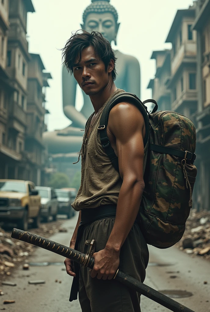 Create realistic images a Thai man stand to the side and turn their heads to look forward. On the back, he carries a camouflage backpack. Both hands gripped the hilt of the Katana sword. Clothes were stained and partially torn. Standing in the middle of a road full of overturned car wreckage. The background is an abandoned building. Thai style building and there is a large yellow Buddha statue.