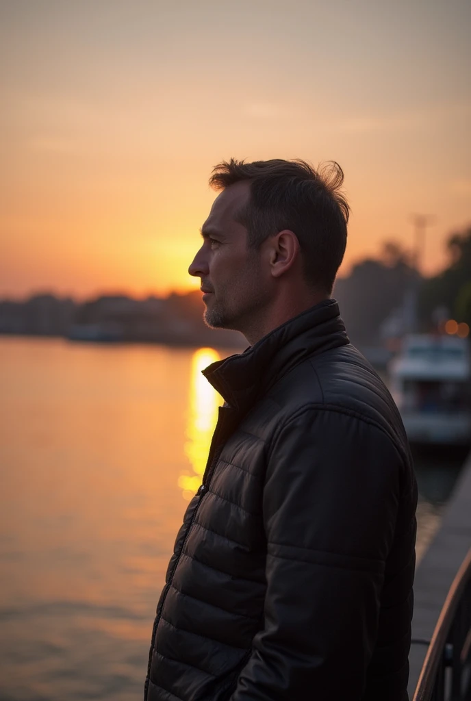 The image shows a man standing by a body of water at sunset, with a calm and reflective mood.