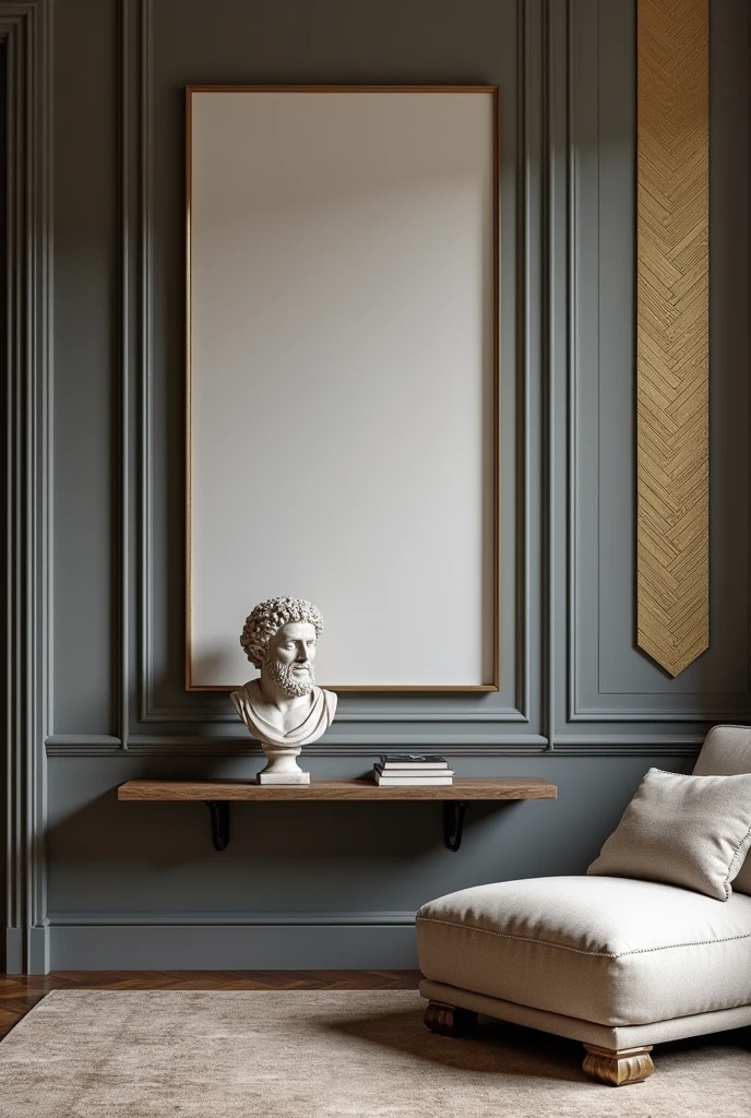 A LIVING ROOM WITH Console Table Wall Table A GRAY RAGE WALL WITH GOLD STRIPS AND A big EMPTY VERTICAL FRAME, WITH AN ANCIENT SOCKRATES