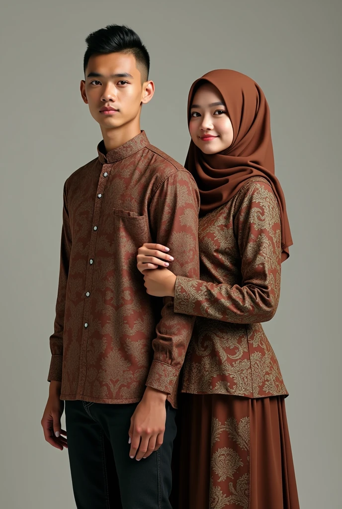 (photorealism ,19 year old Indonesian man with small and thin body (short) haircut (short slicked back) wearing batik and jeans ,wearing sandals ,with a 1 woman wearing a brown hijab with a batik kebaya,both of them face forward with a smile ,background studio