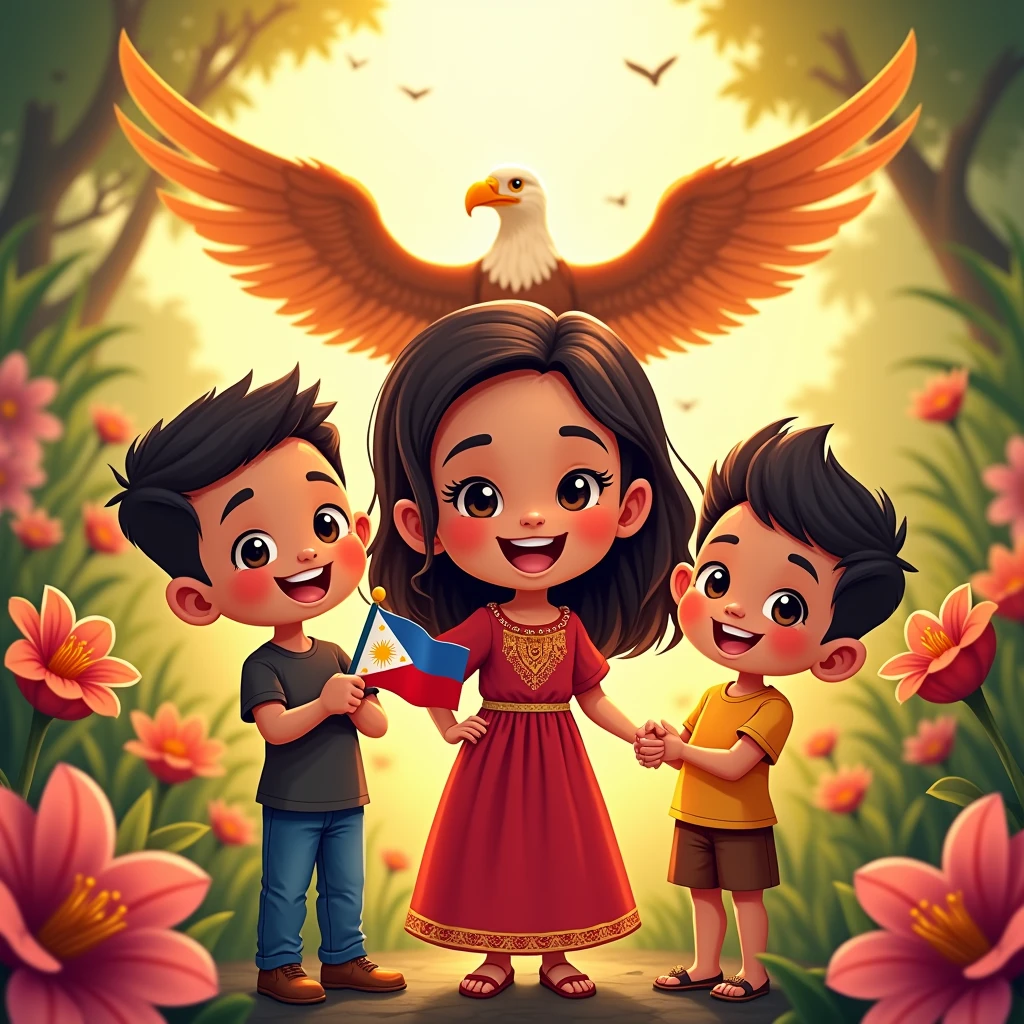 (CARTOONISH)Create a traditional and modern CIRCLE logo for Buwan ng Wika (National Language Month) featuring three people smiling with bright teeth, BROWN skin tone, (half body) standing close together popping from a book in the BACKGROUND, NATURE BACKGROUND WITH FLOWERS AND GOLDEN SUNGLIGHT, wearing traditional Filipino attire, and a philippine eagle in the back spreading out its wings. The central figure, a girl IN THE MIDDLE ONLY holding the Philippine flag in a traditional Filipino dress consisting of a dirty white blouse (Baro) and a red skirt (Saya). The two accompanying figures, one boy in a barong tagalog and the other one boy dark skin in tribal attire(PHILIPPINES), overall 3. Use the colors of the Philippine flag and any other colors that represent the topic. The composition should be in a fish point of view. (warm tone) (golden hour) (close up of the face), vibrant colors.