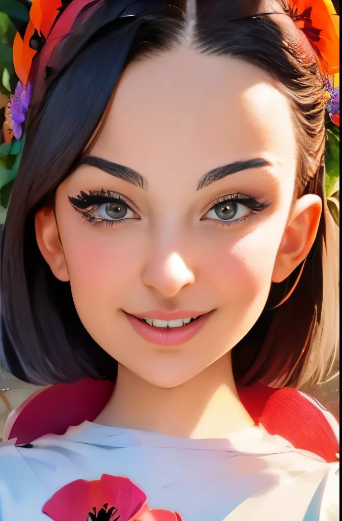 (pixarstyle: 1.25) portrait of a , Natalie Portman, smiles, waist length with flower basket overgrown with poppy flower, natural skin texture, 4k textures, hdr, complex, highly detailed, sharp focus, cinematic look, hyper-detailed