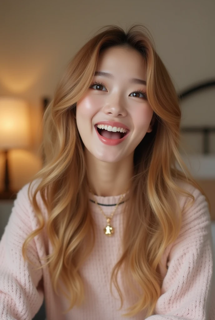 A beautiful light brown Korean Asian AI girl talking on her YouTube channel from her bedroom and she's excited