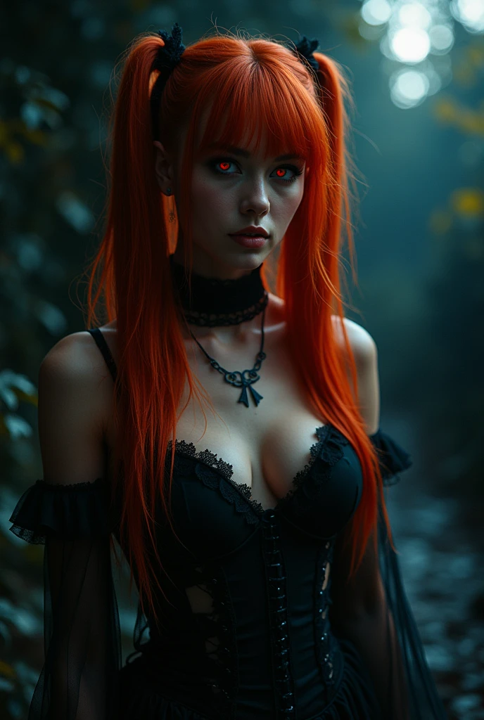 masterpiece, best quality, 1girl, solo, (natural skin texture, realistic eye and face details:1.5), (dark:1.4), deep shadow, darkness, moonlight, award winning photo, extremely detailed, amazing, fine detail, absurdres, highly detailed woman, extremely detailed eyes and face, piercing red eyes, detailed clothes, skinny, (gothic), twintails, bangs, frills, skirt,red hair, by lee jeffries, nikon d850 film, stock photograph, kodak, portra 400 camera f1.6 lens, rich colors, hyper realistic, lifelike texture, dramatic, lighting, unrealengine, trending on artstation, cinestill 800 tungsten, Style-Neeko, (facial clarity:1.5),(transparent clothes:1.1),anatomical, javanese style, kebaya lace, half classicism half surrealism aristocratic lady, mystery style tattoo, fantasy
