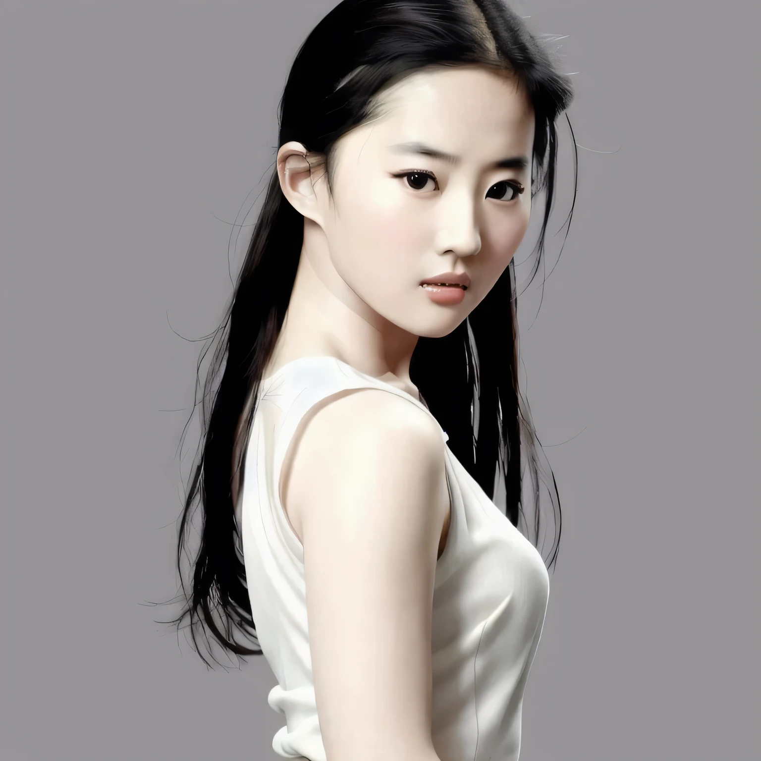 Liu Yifei, 1 girl, alone, realistic, upper body, look at viewer, simple background,  