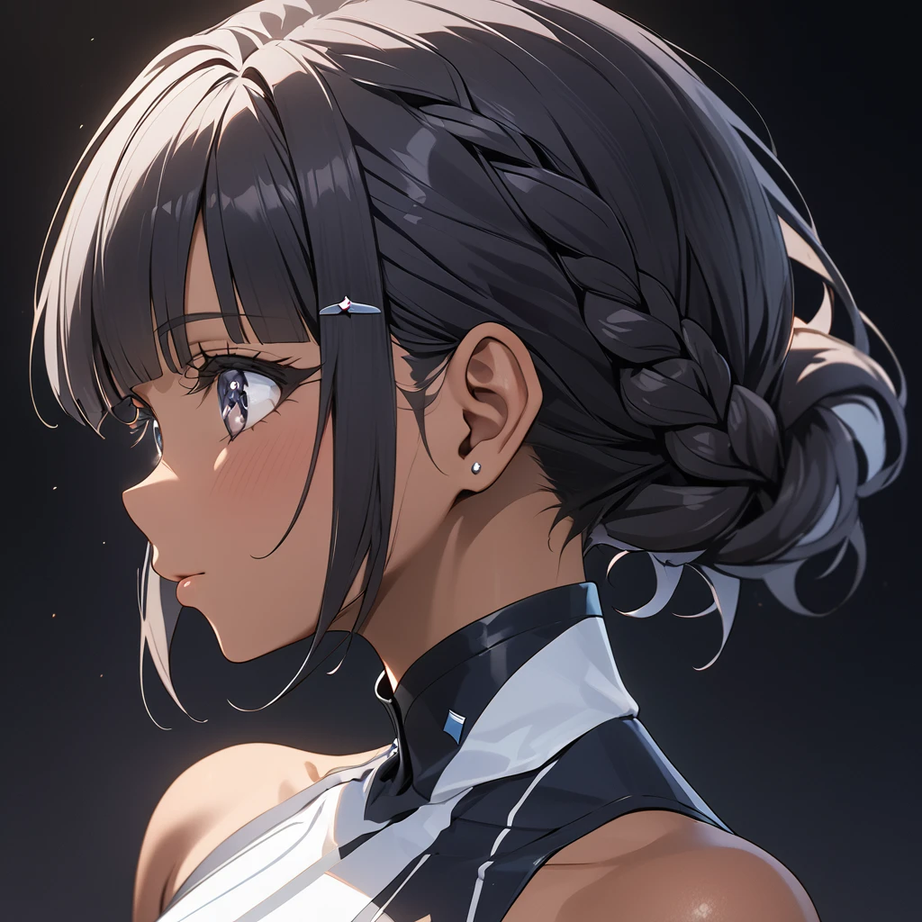((Highest quality)), ((masterpiece)), (detailed), (Perfect Face)、The woman is Reika Aoki, a black woman with dark skin and short hair, braided into small braids and slicked back.