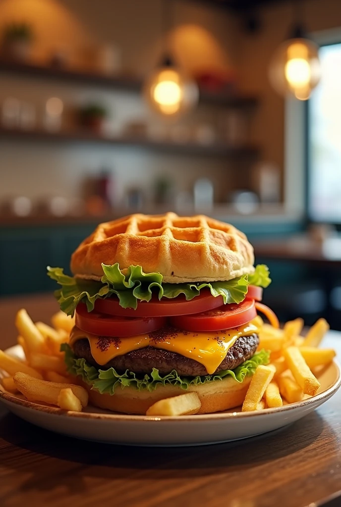 Believe me, a burger with waffle bread and fries 