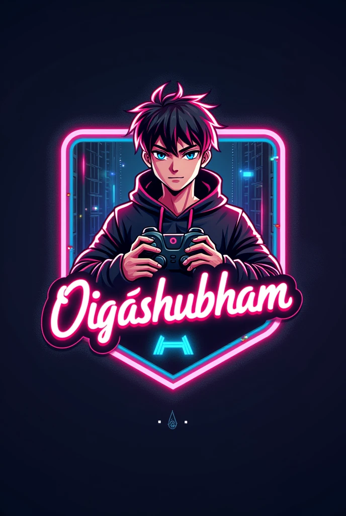This is a gaming logo that features the name "÷ig×Shubham" in a futuristic font and a neon Golden colour. and Boy Anime avtar, The logo also has a stylized controller icon. The logo designed to be attractive and eye-catching, and to appeal to gaming enthusiasts and YouTube viewing
