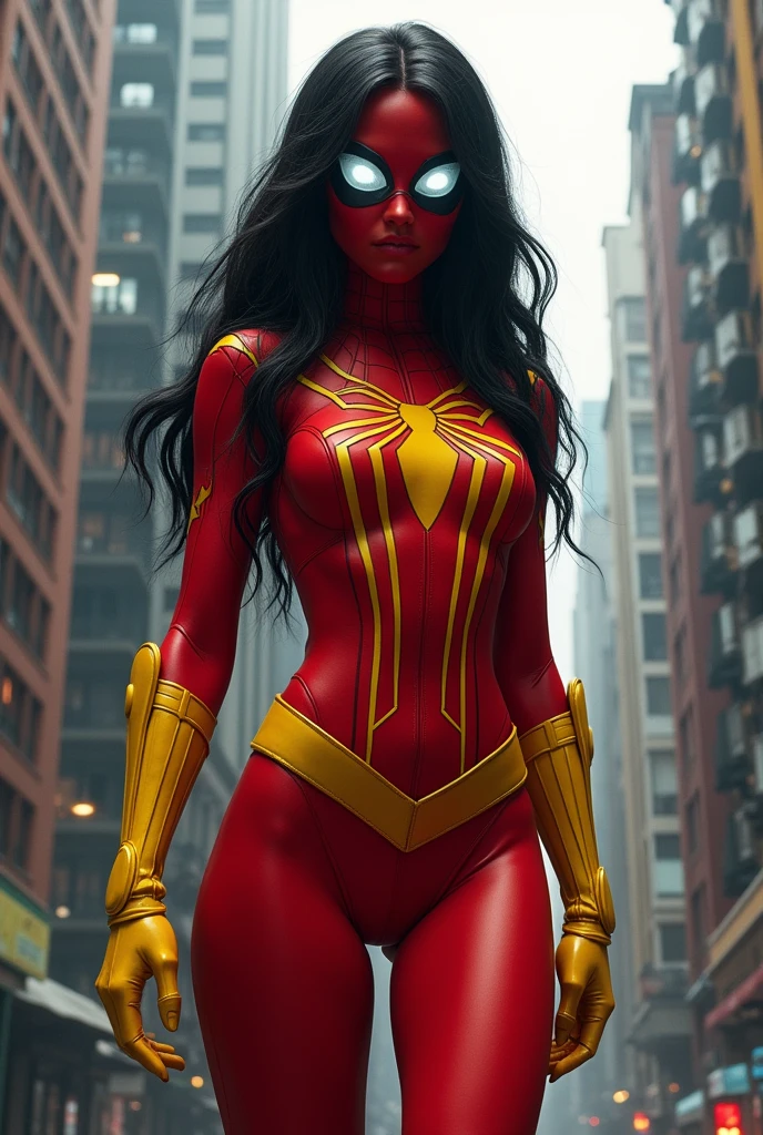 Spider woman, 1 woman, superhero, long black hair, red mask, white lenses, red costume with yellow belly, yellow gloves, yellow boots,