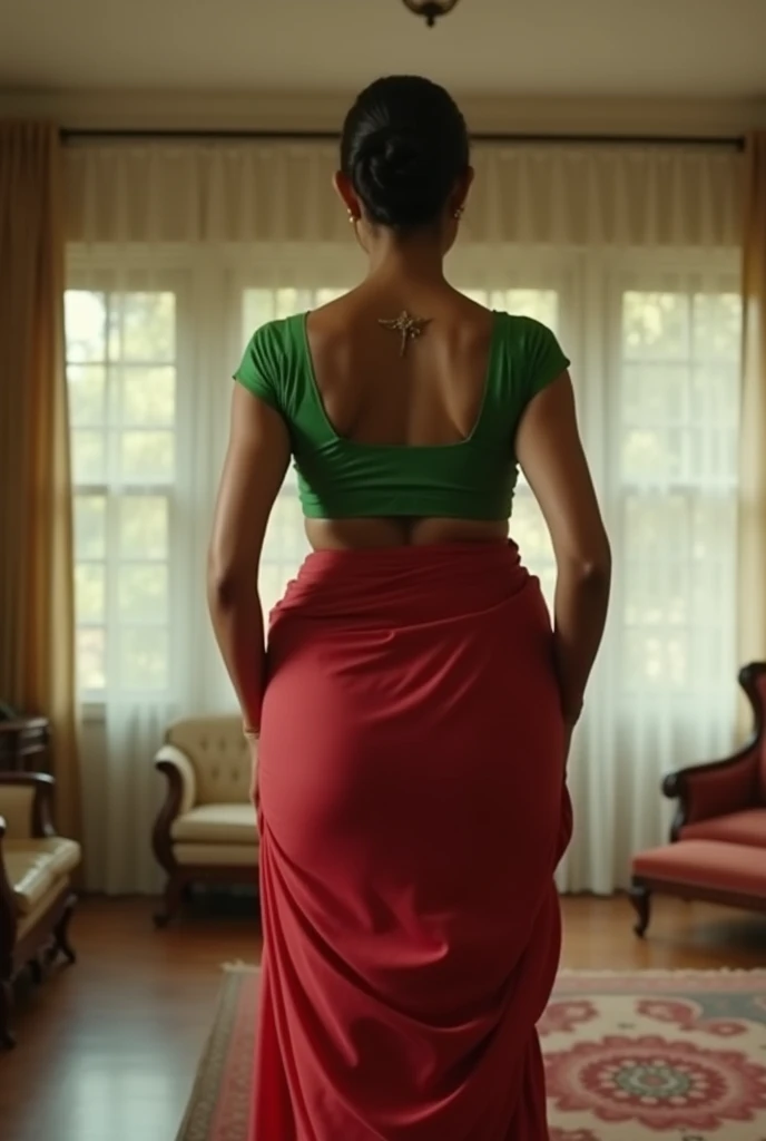Beautiful and Slim Indian woman Aishwarya Rai in green blouse red saree , tied hair bun, lifting a large chubby man above her shoulders, man is sitting on woman's shoulders, in a bedroom with high ceiling, woman is showing her back to the camera , full body image , close up
