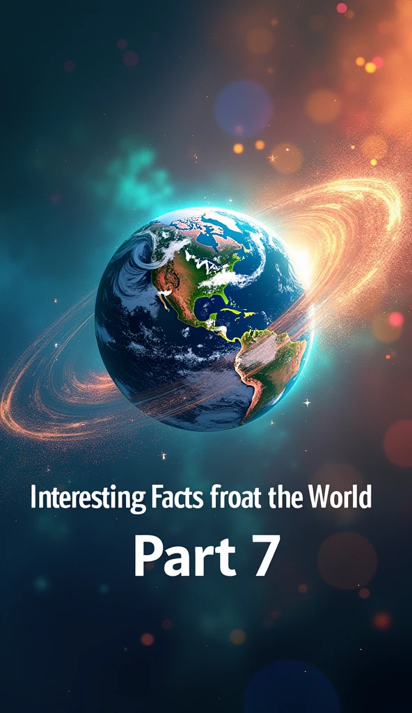 Create an end screen with the text “Interesting Facts About the World Part 7” with a colorful background and an illustration of the earth spinning.