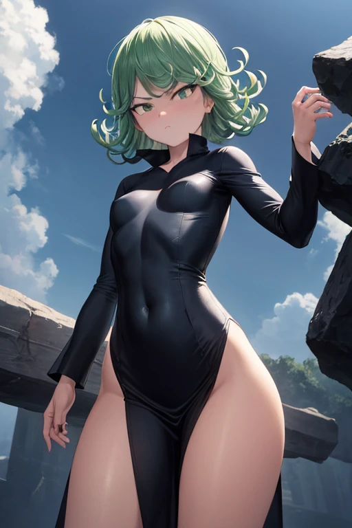 (masterpiece, best quality:1.2), cowboy shot, solo, 1girl, tatsumaki, lustful, closed mouth, looking at the viewer, ass, wide hips, black dress, blue sky, clouds, erotica