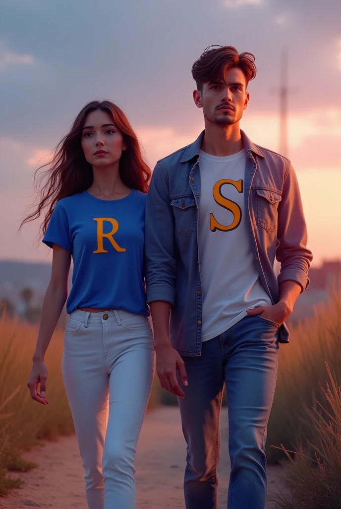Ek ladki hai top blue colour ki pahni hai white jeans hai uski top par R latter print hai and ek ladka bhi hai uske shirt par S latter print hai evening walk karte huye huge