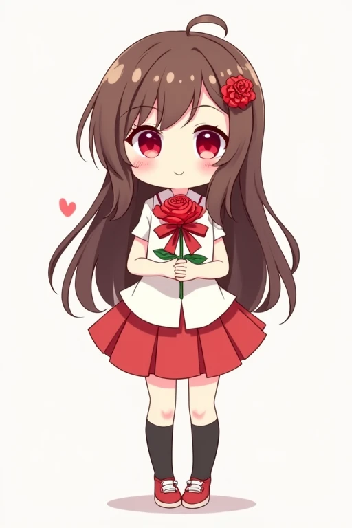 A cute anime girl with long brown hair, red eyes, wearing a simple white dress shirt with a red handkerchief-shaped ribbon, a simple red skirt, black socks, and red shoes with white areas is smiling gently and holding a red rose in both arms, this is a deformed illustration.