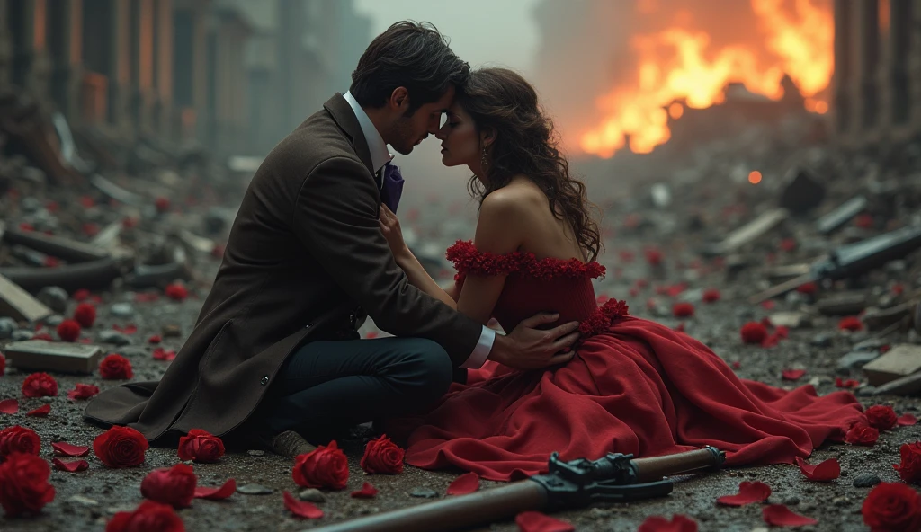 1889; (masterpiece, best quality) destroyed city roses on the floor(Madrid); flowers on the ground; 1couple kissing sold looking Down(close-up);firearm on the floor.; fire around.