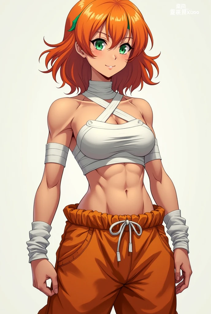 A very muscular anime age woman with orange hair with green highlights and green eyes wearing white bandages to cover her breasts completely and wearing baggy orange pants