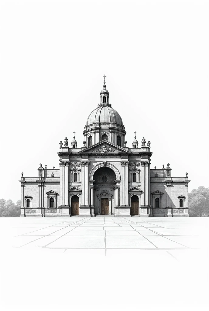 An architectural plate of the Cathedral of Lima, Peru with all the parts of the neoclassical architectural style in black and white, only lines