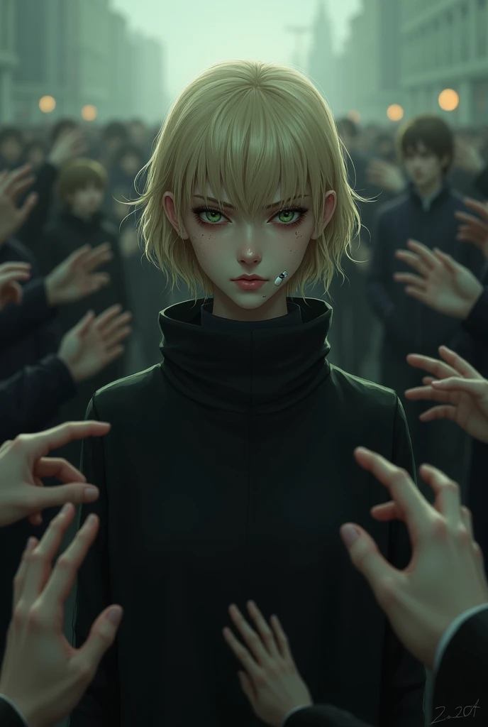 A blonde woman with short wavy hair and bangs, eyes with dark circles and green, she smoking, Dark clothes, she standing with several people behind blurry trying to reach her