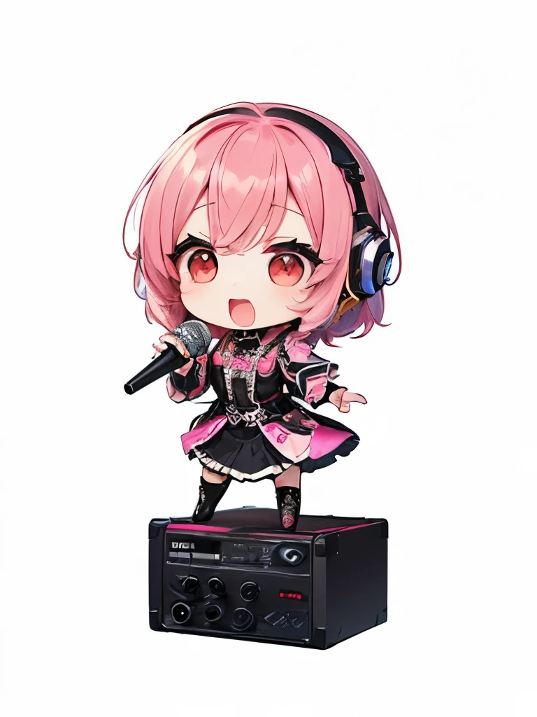 Cool fantasy background、(((Metal band vocalist)))、Singing and playing the synthesizer、Pink-haired chibi character、(((A pink-haired chibi character singing an intense song)))、(((A vocalist with visual kei makeup)))、A beautiful depiction using tens of thousands of colors、masterpiece、Ultra HD、super high quality、8k、Delicately designed costume、(((Singing with a delicate microphone)))、(((Don't draw guitars)))、Delicate cape design、Intricate costume design、(((Visual kei reversed hair)))